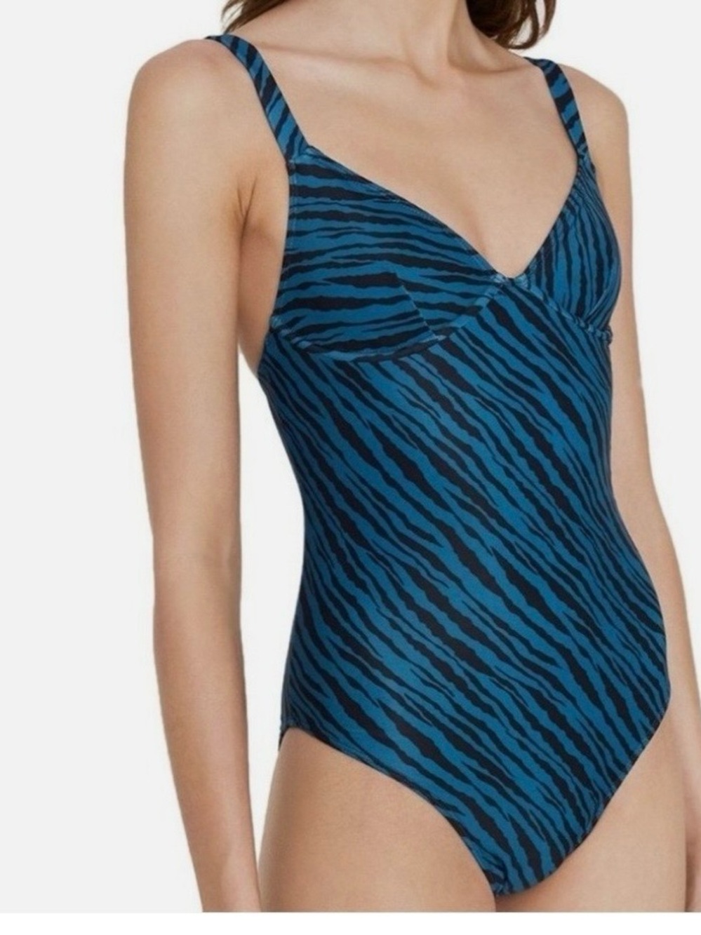 Faithfull the Brand Bettina Teal and Black Zebra-Stripe One-Piece Swimsuit